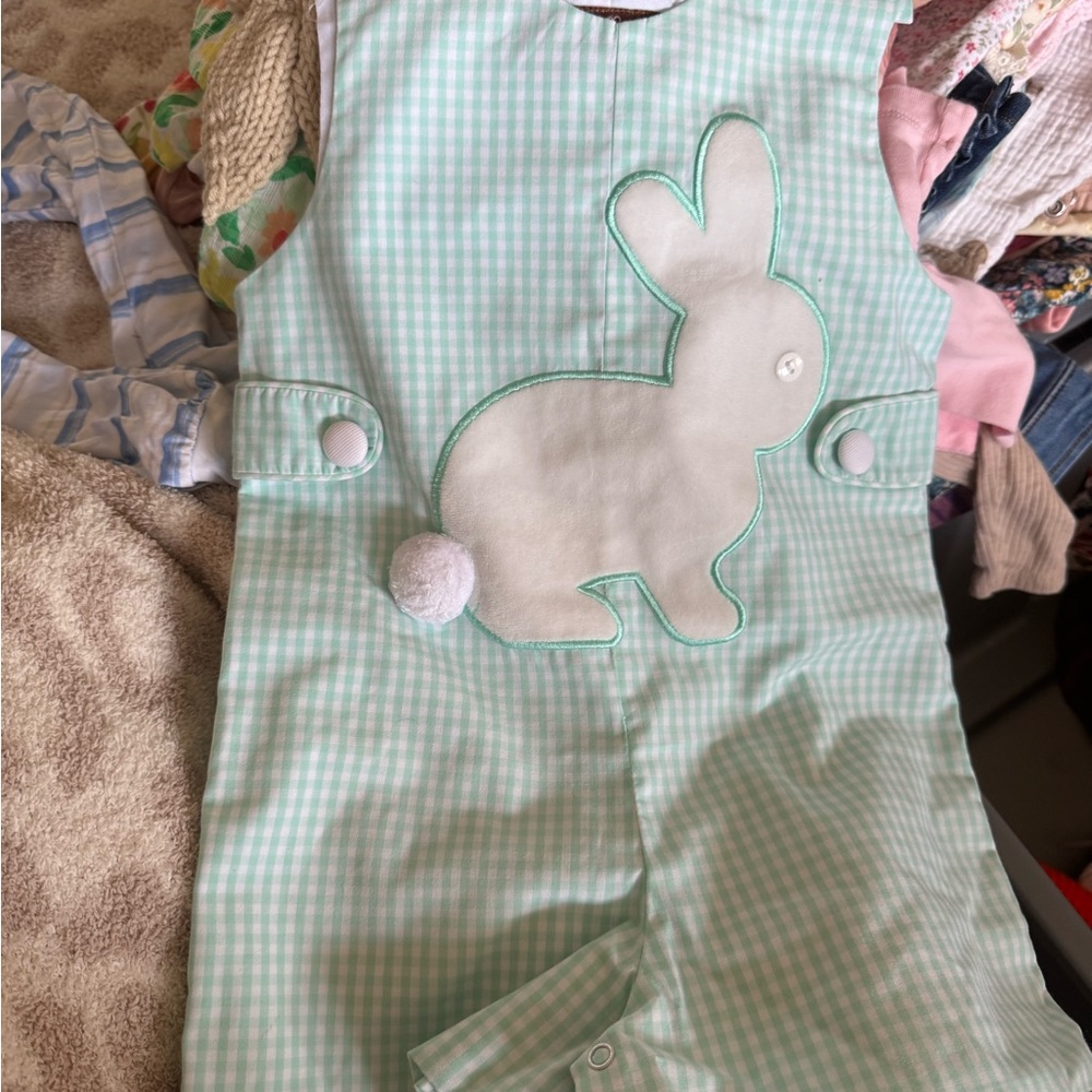 Mint Green Gingham Baby Romper with Bunny Applique